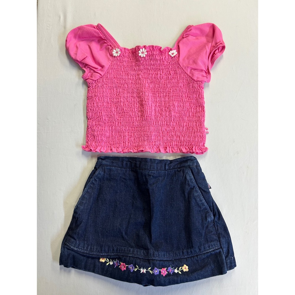 McKids Girls Pink Smocked Top and Denim Embroidered Skort Set Size 4 & 5 Vintage